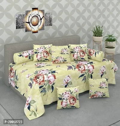Shverira Style Premium Microfiber Fabric Set of 8 Pc Diwan Set - 1 Pc Diwan Sheet, 5 Pc Cushion Covers and 2 Pc Bolster Covers; Cream Flowers