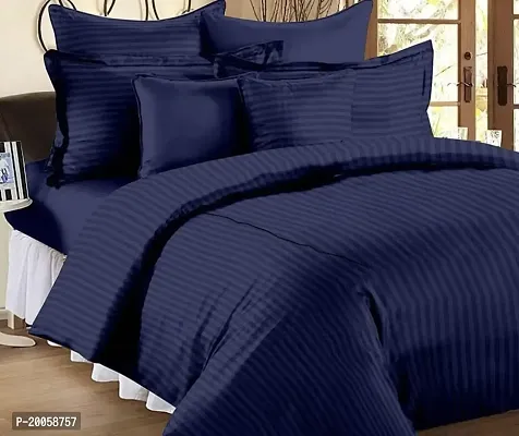 Shverira Style 300 TC Satin Strip Blue Color King Size bedsheet for Double Bed with Two Pillow Cover