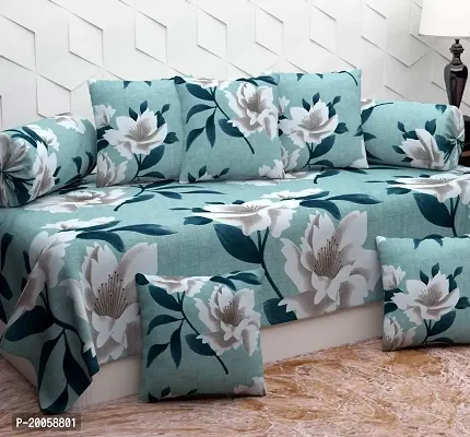 Rahul Premium Microfiber Fabric Set of 8 Pc Diwan Set - 1 Pc Diwan Sheet, 5 Pc Cushion Covers and 2 Pc Bolster Covers; Sky Flowers-thumb2