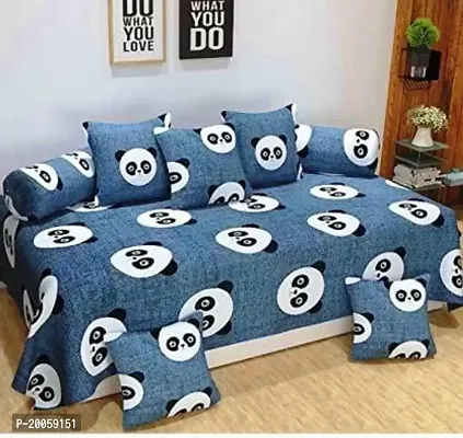 Rahul Premium Microfiber Fabric Set of 8 Pc Diwan Set - 1 Pc Diwan Sheet, 5 Pc Cushion Covers and 2 Pc Bolster Covers; Panda Blue