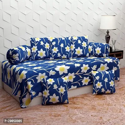 Rahul Premium Microfiber Fabric Set of 8 Pc Diwan Set - 1 Pc Diwan Sheet, 5 Pc Cushion Covers and 2 Pc Bolster Covers; Blue Flowers-thumb0