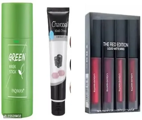 Green Face Mask Stick, Charcoal Face Mask , Matte Mini Red Lipstick 4 Multicolor (Combo of 3 Set )