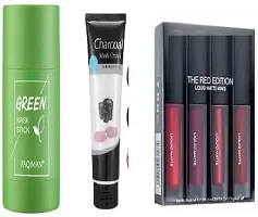 Green Face Mask Stick, Charcoal Face Mask , Matte Mini Red Lipstick 4 Multicolor (Combo of 3 Set )-thumb1