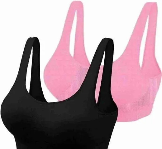 Scallop GOMZI Fashion Women Cotton Non Padded Non-Wired Air Sports Bra Pack of 2 (Black & Light Pink) Size:-34