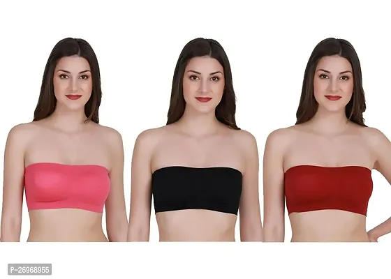 Pack Of 3 Women's Cotton Wire Free, Strapless, Non-Padded Tube Bra(Black, Pink, Red)-thumb0