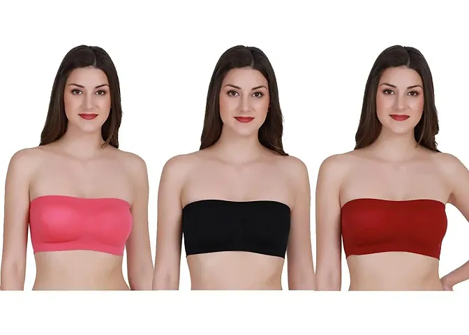 Pack Of 3 Women's Cotton Wire Free, Strapless, Non-Padded Tube Bra(Black, Pink, Red)