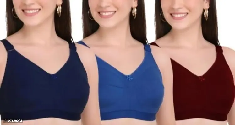 Pack Of 3 Women's Wirefree Non Padded Super Combed Cotton Elastane Stretch Full Coverage Everyday Bra(Blue, Navy Blue, Maroon)-thumb0