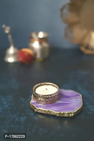 Homearte India Agate Tea Light Candle Holder Gold Plated Edges  Diwali Home Deacute;cor Gift For Family (Purple)