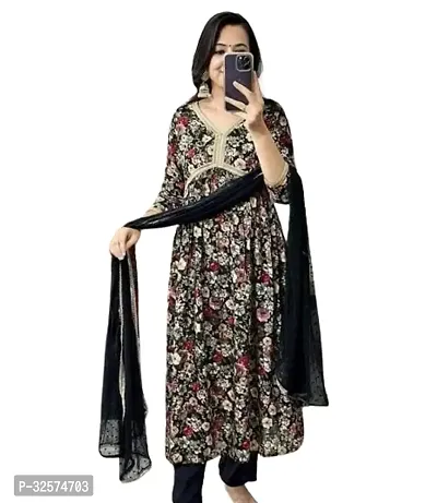 Aliya cut Flower Print Kurti with Pant and dupatta For Women-thumb0