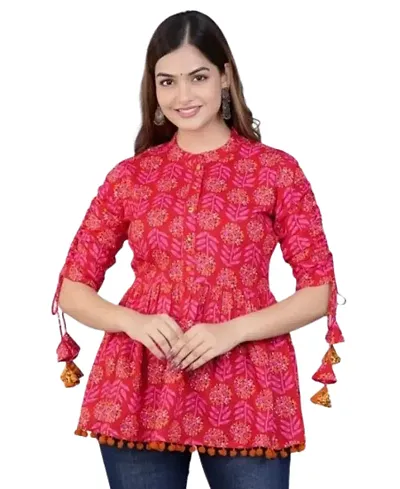 SG Fashions Jaipur Women's Rayon Round Neck 3/4 Sleeves Length Embroidered Short Kurti/Tops