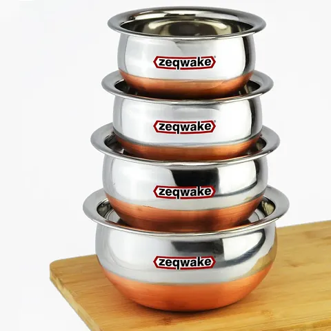 Cookware set Copper Bottom handi | Patila | Pot Pan |Steel Handi |Milk Pan |Handi Bowl | Serving Bowl | Urli | Bhagona | Cookware Set-4Pcs-1.5-L,1-L,0.75-L,0.50-L Capacity
