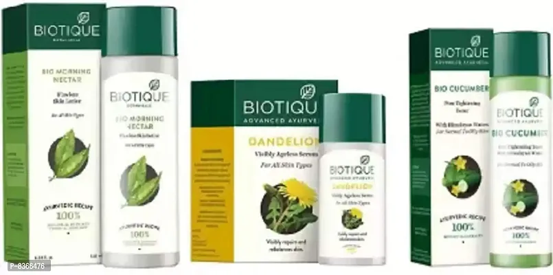 Biotique Bio Morning Nectar Flawless Skin Lotion, 120 ml|Bio Dandelion Visibly Ageless Serum, 40 ml|Bio Cucumber Pore Tightening Toner, 120ml|Set of 3 Items-thumb0