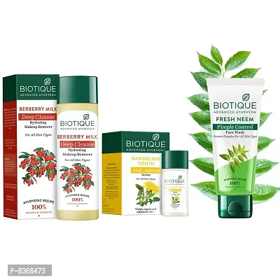 Biotique Bio Dandelion Visibly Ageless Serum, 40 ml|Bio Berberry Hydrating Cleanser For All Skin Types, 120ml|Bio Neem Purifying Face Wash, 50ml|Set of 3 Items