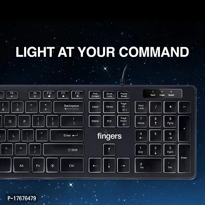 FINGERS Magnifico Moonlit Wired USB Keyboard (Laser-Etched, Backlit Keys with White Color Lighting, Instant Media Access, Cable Length 1.5m with 3mm Thickness, 1 Year Warranty) - Jet Black Color-thumb4