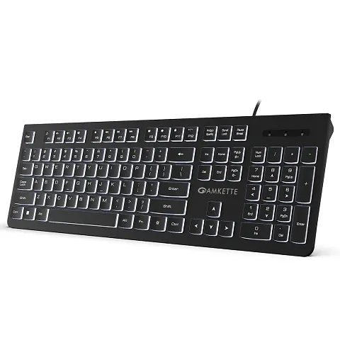 Wired Keyboard | White Backlit with Brightness Control | Laser-Etched Keys | 12 Multi-Media Keys | Plug and Play USB Connection | Compatible with PC/Mac/Laptop |