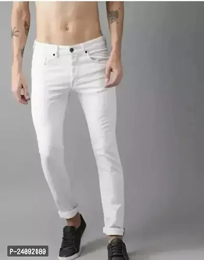 Men Regular Fit White Plain Jeans-thumb0