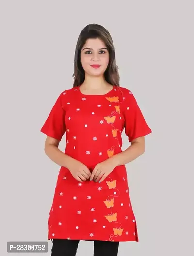 Elegant Red Cotton Printed Tshirt For Women-thumb0