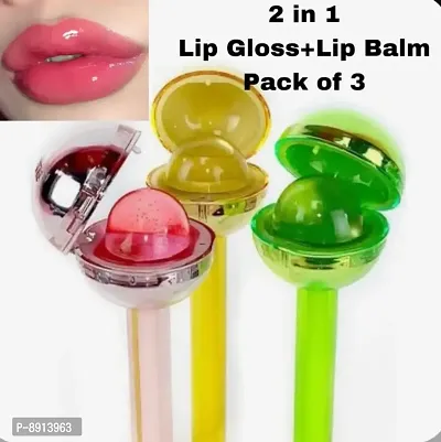2 IN 1 Lip Balm + Lip Gloss Lolipop Pink Tone - Pack of 3 -Pink,Yellow,Green