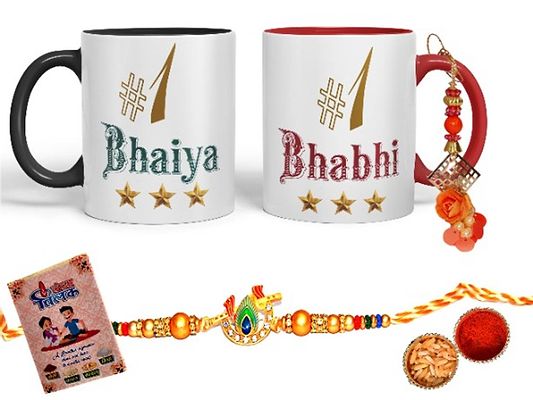Bhai Bhabhi Rakhi Set And Tilak Pack Set with Printed Coffee Mug 330 ml