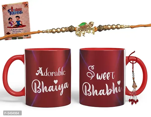 Stylish 2 Rakhi with 2 Ceramic Printed Mug (325 Ml) And 1 Packet Roli Chawal With Best Wishes Greeting Card-thumb0