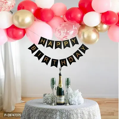 Day Decor Happy Birthday Deconation Ballon Combo Of 42With Black  Gloden Happy Birthday Banner And Golden  White And Pink Balloon , Confetti Balloon For Happy Birthday Decoration Kit