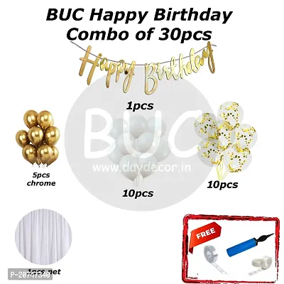 Day Decor Happy Birthday Decoration Balloons Combo Of 30 Pcs, Happy Birthday Banner, Chrome, White And Confetti Balloons Combo Pack And Balloon Filler Hand Pump Free-thumb2