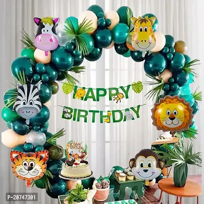 Day Decor Happy Birthday Deconation Ballon Combo Of 80 For Jungle Them With Green Happy Birthday Banner And Multicolor Balloon , Fancy Balloon ,Happy Birthday Decoration Kit