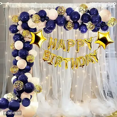 Day Decor Birthday Deconation Ballon Combo Of 73 With 1 Back Drop White Curtain And Led String Light ,Happy Birthday Banner,Metallic And Golden Confetti Balloons,Happy Birthday Decoration Kit