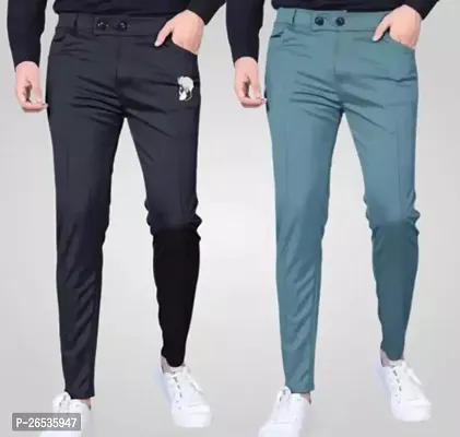 Stylish Multicoloured Cotton Spandex Self Pattern Casual Trousers For Men Pack of 2