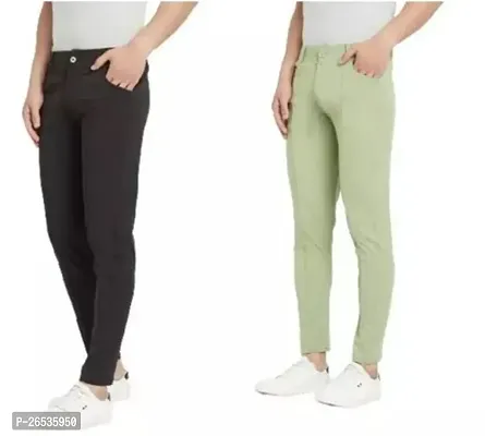 Stylish Multicoloured Cotton Spandex Self Pattern Casual Trousers For Men Pack of 2