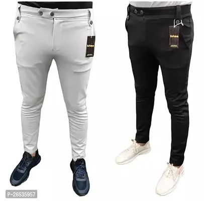 Stylish Multicoloured Cotton Spandex Self Pattern Casual Trousers For Men Pack of 2