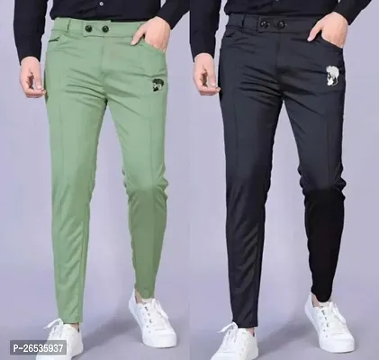 Stylish Multicoloured Cotton Spandex Self Pattern Casual Trousers For Men Pack of 2