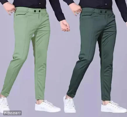 Stylish Multicoloured Cotton Spandex Self Pattern Casual Trousers For Men Pack of 2