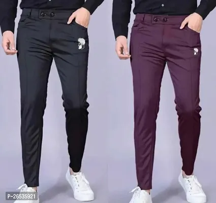 Stylish Multicoloured Cotton Spandex Self Pattern Casual Trousers For Men Pack of 2