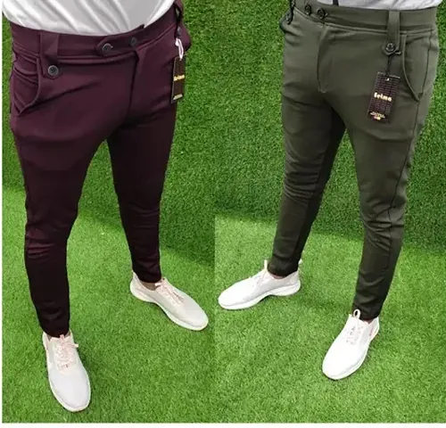 Stylish Multicoloured Cotton Spandex Self Pattern Casual Trousers For Men Pack of 2