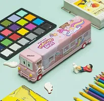 Bus Shape Pencil Box School Bus Metal Geometry Box for Kids Magic Bus with Moving Tyres with 3 Compartments Moving Tyre's  Sharpener Geometry Case for Boys  Girls (Unicorn Bus)-thumb1