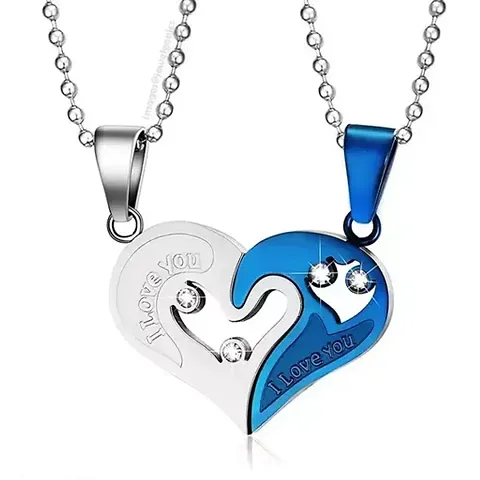 Uniqon Unisex Valentine's Day Special Metal Stainless I Love You Diamond Nug Broken Heart Romantic Love Couple And 2 In 1 Beautiful Duo Locket Pendant Necklace With Chain