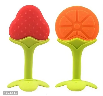 Stylish Silicone Fruit Shape 2 Piece Of Teething Soft Sensory Teether Pacifier For Baby Strawberry Orange