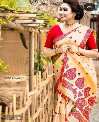 Stylish Cream Silk Blend Saree With Blouse Piece For Women-thumb0