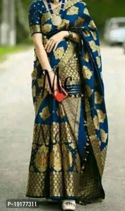 Stylish Blue Silk Blend Saree With Blouse Piece For Women-thumb0