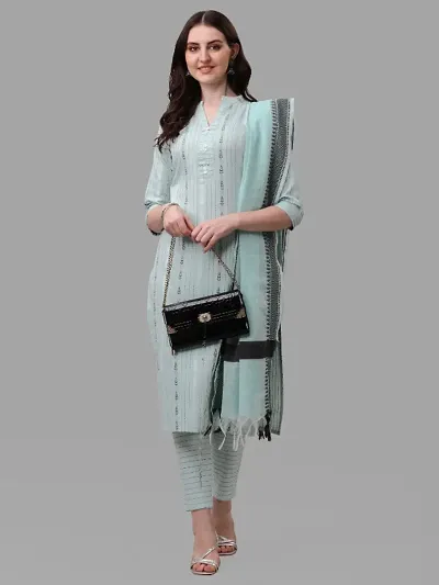 Stylish A-Line Striped Kurta, Bottom And Dupatta Set For Women