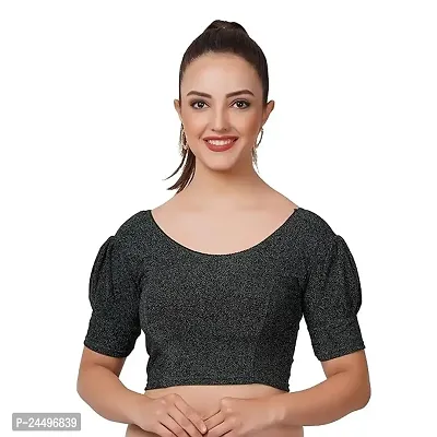 Readymade Shining Lycra Stretchable Round Neck Half Sleeve Blouses || Womens Mettalic Stretchable Readymade Blouses (26, DarkGreen)-thumb0