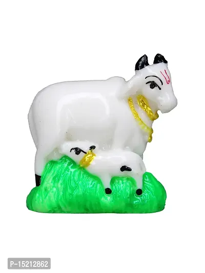 Om BhariPuri Marble Kamdhenu Cow with Calf God Figurine Showpiece Home Decor Cow and Calf Statue for Pooja/Puja, Home Temple Vastu Gift Type Idol 2 Inch-thumb0