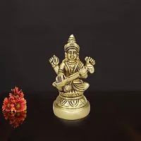 Om BhariPuri  Brass Saraswati Maa Idol Ashtadhatu Made Murti Sarda Devi Statue for Home Office Temple Pooja, Study Room (H x L x W :-9 x 5 x 5 cm, Weight:- 0.304 kg, Gold Color)-thumb1