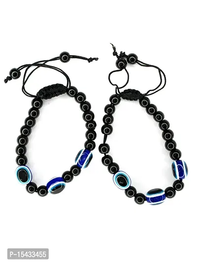 Om BhariPuri Natural Healing Gemstones Semi Precious Blue Stone with Blue Evil Eye Elastic Free Size Bracelet for Men  Women (Pack of 3)-thumb0