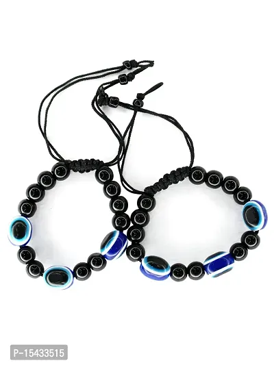 Om BhariPuri Natural Healing Gemstones Semi Precious Stone Blue Evil Eye Elastic Free Size Bracelet for Men  Women (Pack of 3)-thumb0
