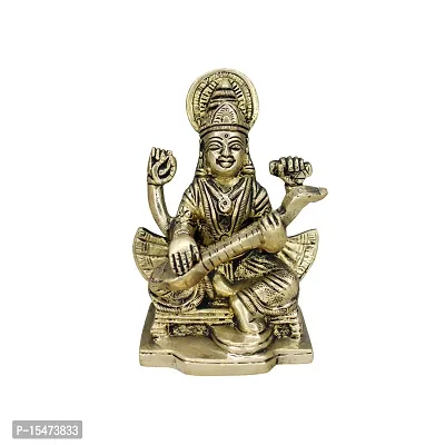 Om BhariPuri Brass Saraswati MATA Idol Murti for Home Office Temple Mandir Pooja Colour:-Gold (H x L x W:-3.5x2.5x1.5cm/ Weight:-0.46g)-thumb0