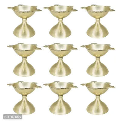 Om BhariPuri Brass Deepak/Diya Oil Lamp for Aarti Home Temple Puja Articles Decor Diwali/Durga Pooja Navratri Gifts (Diameter:- 6 cm, Set of 9)