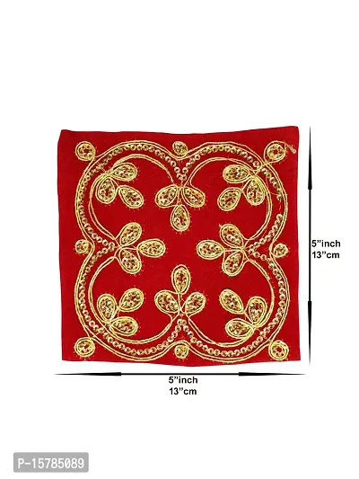 Om BhariPuri Pooja Ghar Velvet Puja Aasan Velvet Aasan, Altar Puja Aasan Altar Cloth Chowki Aasan Kapda Mat for Puja Table Velvet Altar Cloth for Puja Home Mandir and Temple (5 x 5 In, Red, Pack Of 4)-thumb3