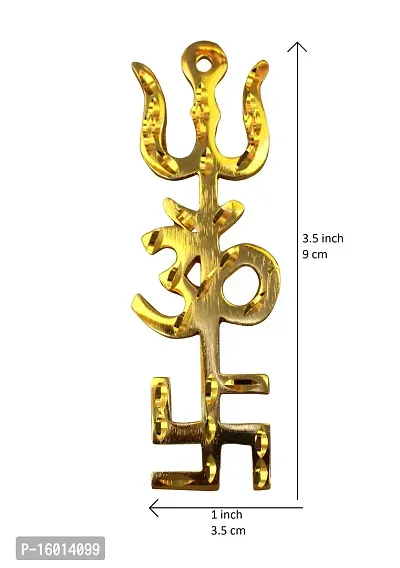 Om BhariPuri Brass Brass Swastik Om Trishul Wall Hanging Vastu Trishakti Yantra Religious Home Kitchen Office Main Door Entrance Protection Mandir Temple Good Luck (3.5 x 1 x 0.4 Inch, Gold Color)-thumb2